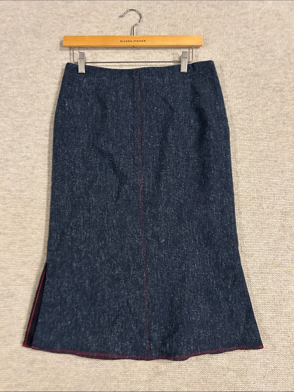Tibi Navy Tweed Midi Pencil Skirt with Red Trim